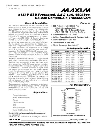 Maxim MAX3316E‑MAX3319E RS‑232 Compatible Transceivers Datasheet - cover page