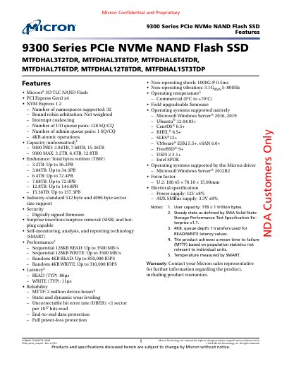 Micron 9300 Series PCIe NVMe SSD Datasheet - cover page