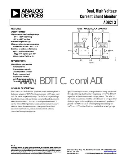Analog Devices AD8213 Dual High‑Voltage Current Shunt Monitor Datasheet - cover page