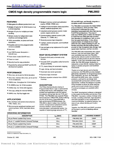 Philips PML2852 CMOS Programmable Macro Logic Datasheet - cover page