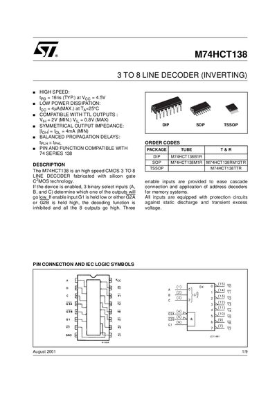 STMicroelectronics M74HCT138 3-to-8 Line Decoder Datasheet - cover page