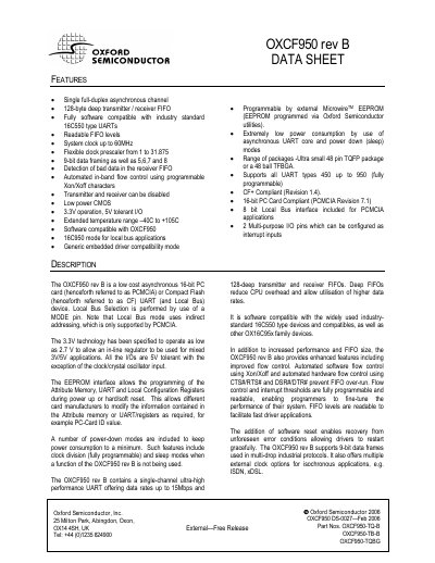 Oxford Semiconductor OXCF950 rev B Datasheet - cover page