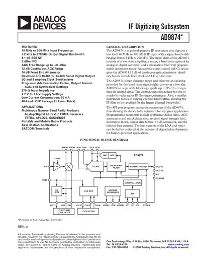 Analog Devices AD9874 Datasheet - cover page