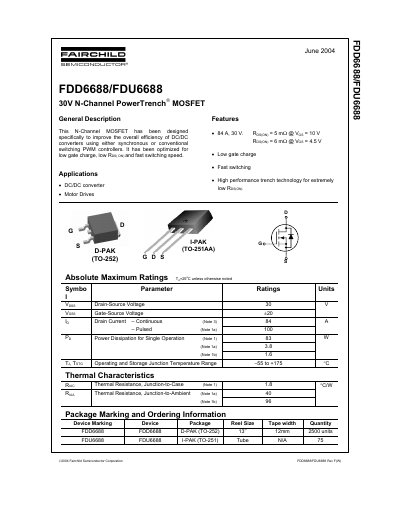Fairchild Semiconductor FDD6688/FDU6688 30V N-Channel PowerTrench MOSFET Datasheet
