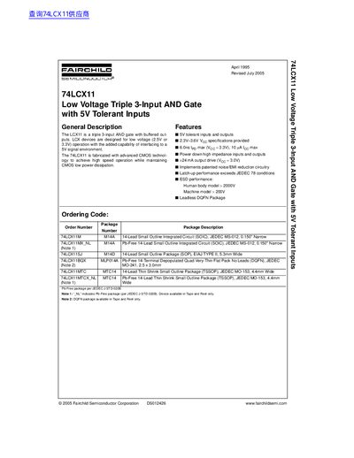 Fairchild Semiconductor 74LCX11 Low Voltage Triple 3-Input AND Gate Datasheet - cover page