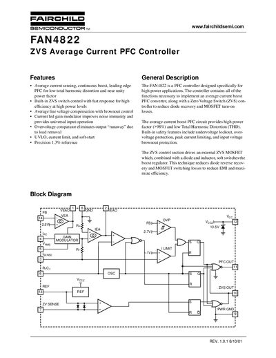 Fairchild FAN4822 ZVS Average Current PFC Controller Datasheet - cover page