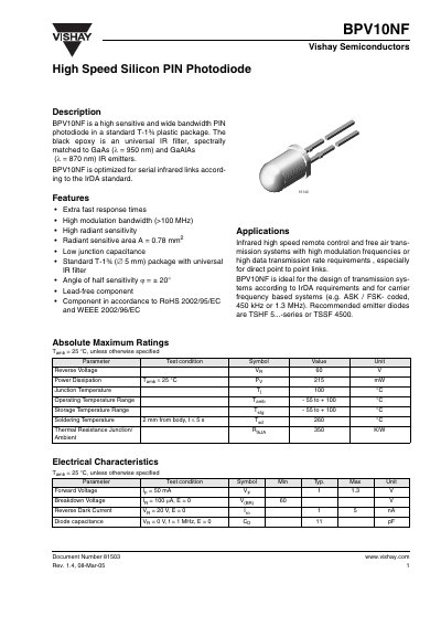 Vishay BPV10NF High Speed Silicon PIN Photodiode Datasheet - cover page