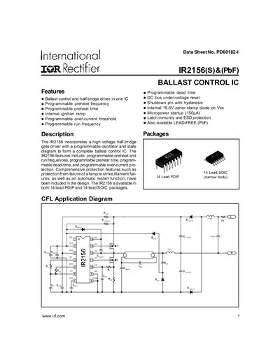 International Rectifier IR2156 Ballast Control IC Datasheet - cover page