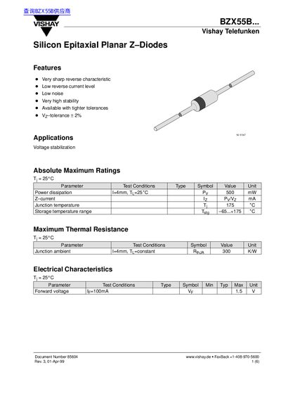 Vishay BZX55B Silicon Epitaxial Planar Z-Diodes Datasheet - cover page