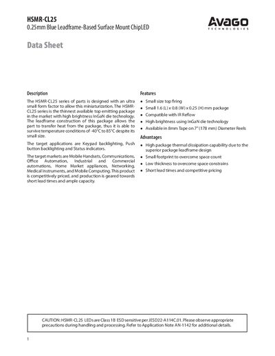 Avago HSMR-CL25 0.25mm Blue Leadframe Surface Mount ChipLED Datasheet - cover page