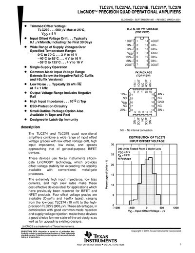 TEXAS INSTRUMENTS - TLC274 TLC274A TLC274B TLC274Y TLC279 LinCMOS PRECISION QUAD OPERATIONAL AMPLIFIERS handbook - cover page
