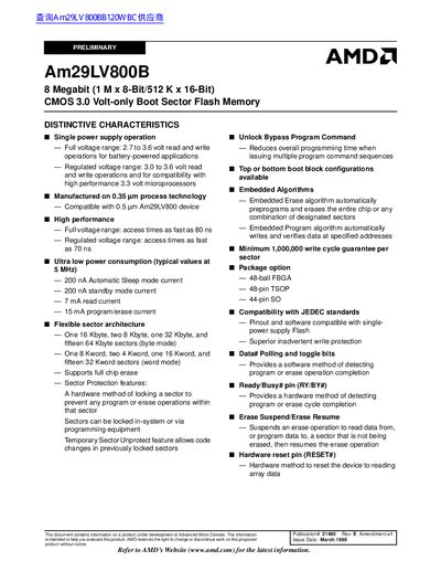 AMD Am29LV800B 8 Megabit (1 M x 8-Bit/512 K x 16-Bit) CMOS 3.0 Volt-only Boot Sector Flash Memory handbook - cover page