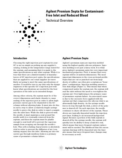 Agilent Premium Septa for GC Inlet Reduced Bleed Product Information - cover page