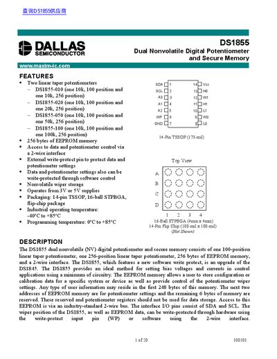 Dallas Semiconductor DS1855 Dual Nonvolatile Digital Potentiometer Datasheet - cover page