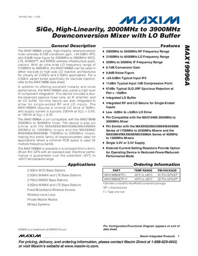 Maxim MAX19996A Downconversion Mixer Data Sheet - cover page