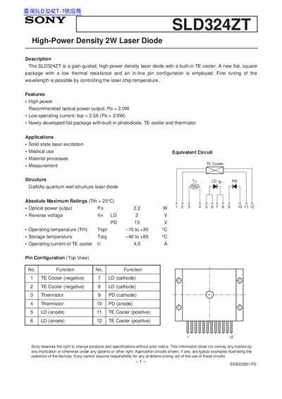 Sony SLD324ZT Laser Diode Datasheet - cover page