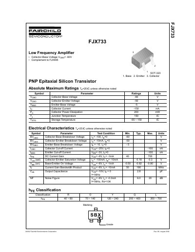 Fairchild Semiconductor FJX733 PNP Epitaxial Silicon Transistor Datasheet - cover page