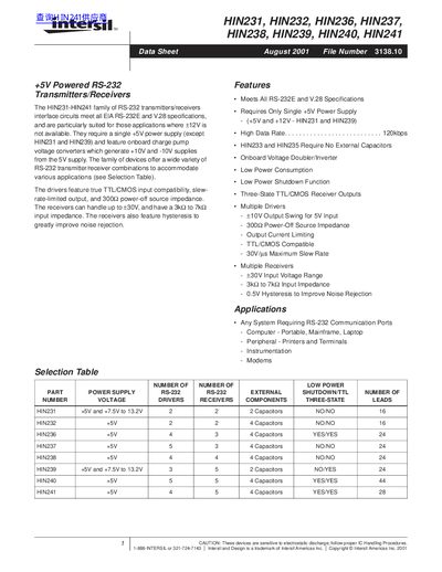 intersil HIN231 HIN232 HIN236 HIN237 HIN238 HIN239 HIN240 HIN241 handbook - cover page