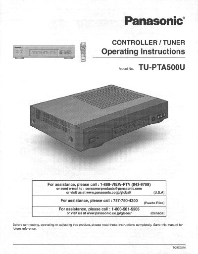 Panasonic TU-PTA500U Controller/Tuner Operating Instructions - cover page
