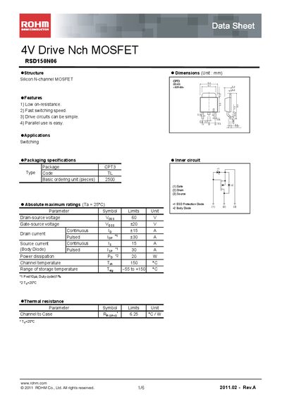 ROHM RSD150N06 MOSFET Data Sheet - cover page