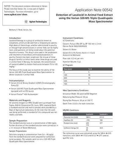 Agilent 320-MS Triple Quadrupole Mass Spectrometer Application Note 00542 - cover page