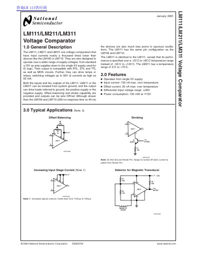 National Semiconductor LM111/LM211/LM311 Voltage Comparator Datasheet - cover page
