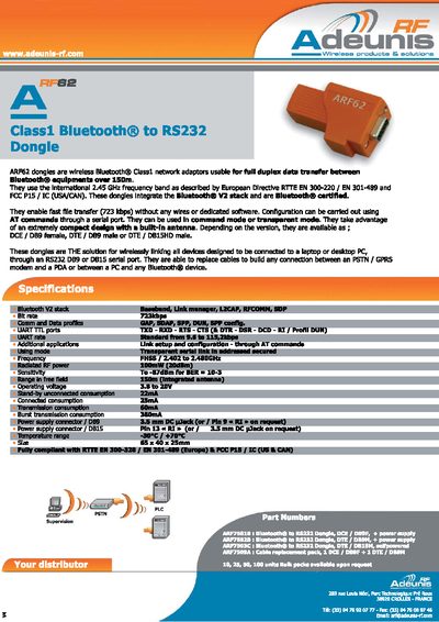 Adeunis ARF62 Bluetooth to RS232 Dongle Datasheet - cover page