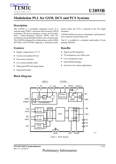 TEMIC U2893B Modulation PLL Datasheet - cover page