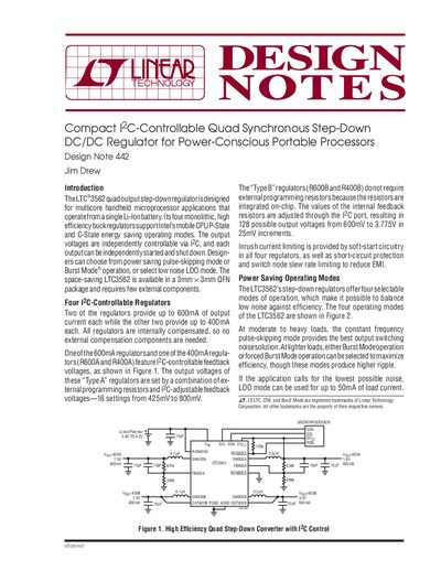 LINEAR Compact I 2C-Controllable Quad Synchronous Step-Down DC/DC Regulator for Power-Conscious Portable Processors Design Note 442 Jim Drew - cover page