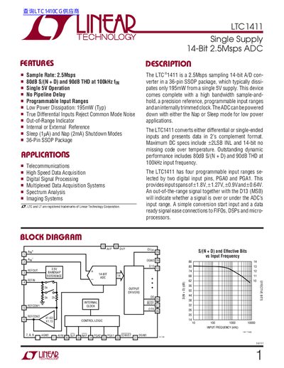 Linear Technology LTC1411 14-Bit 2.5Msps ADC Datasheet - cover page