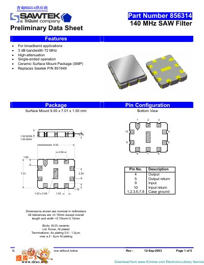 Sawtek 856314 140 MHz SAW Filter Preliminary Data Sheet - cover page