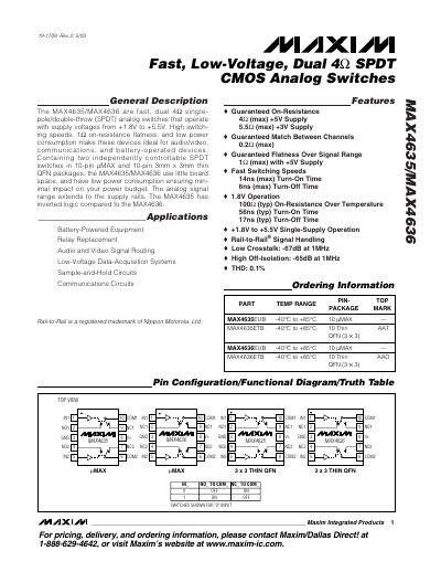 Maxim MAX4635/MAX4636 Fast Low-Voltage Dual 4 Ω SPDT CMOS Analog Switches Datasheet - cover page