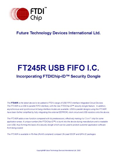FTDI FT245R USB FIFO I.C. Datasheet with FTDIChip-ID Security Dongle - cover page