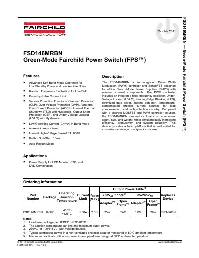 Fairchild Semiconductor FSD146MRBN Power Switch Datasheet - cover page