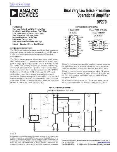 Analog Devices OP270 Dual Operational Amplifier Datasheet - cover page
