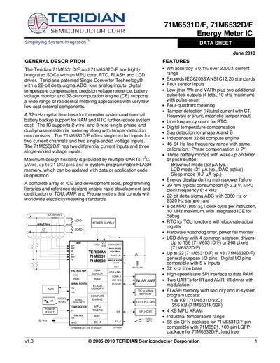 Teridian 71M6531D/F & 71M6532D/F Energy Meter IC Datasheet - cover page