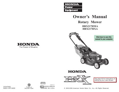 Honda HRX217HMA/HRX217HXA Rotary Mower Owner's Manual - cover page