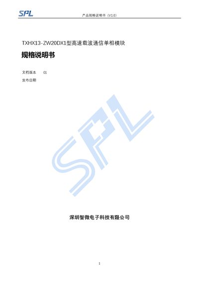 Shenzhen Zhiwei Electronics Technology TXHX13‑ZW20DX1 High‑Speed Carrier Communication Single‑Phase Module Specification - cover page