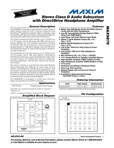 Maxim MAX9879 Stereo Class D Audio Subsystem with DirectDrive Headphone Amplifier Handbook - cover page