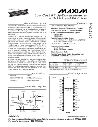 Maxim Integrated MAX2410 RF Up/Downconverter Datasheet - cover page