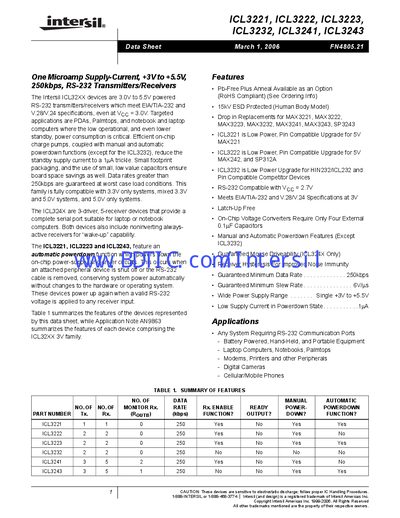 Intersil ICL3221/ICL3222/ICL3223/ICL3232/ICL3241/ICL3243 Datasheet - cover page