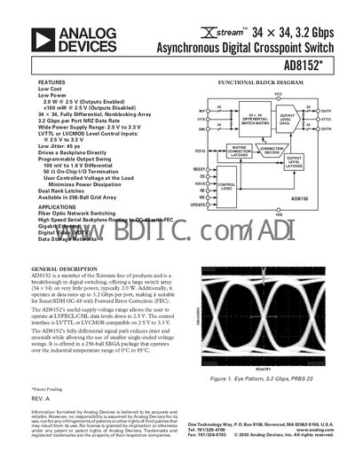 Analog Devices AD8152 Asynchronous Digital Crosspoint Switch Datasheet - cover page