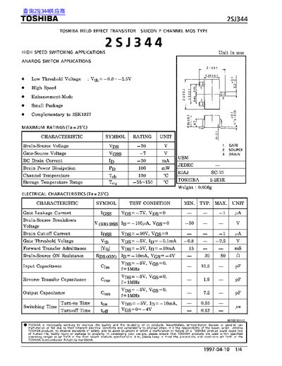 Toshiba 2SJ344 Field Effect Transistor Datasheet - cover page