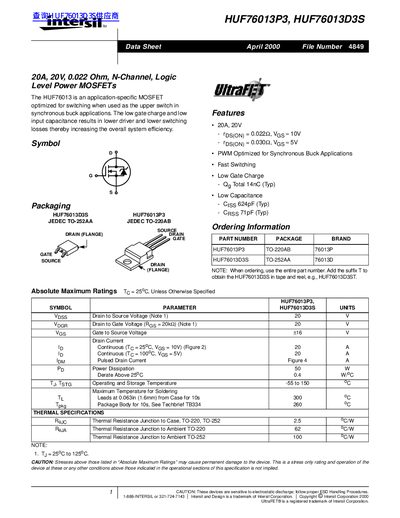 Intersil HUF76013P3/HUF76013D3S 20A Power MOSFET Datasheet - cover page