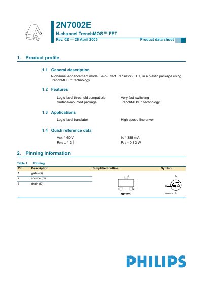 Philips 2N7002E N-channel TrenchMOS FET Product Data Sheet - cover page
