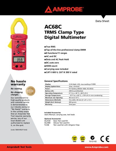 Amprobe AC68C Clamp Type Digital Multimeter Data Sheet - cover page