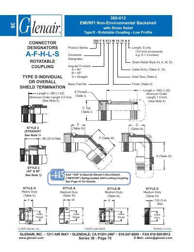 Glenair 380-013 Backshell Specification Sheet - cover page