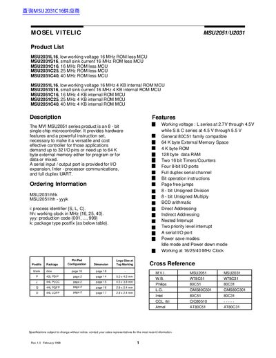 MOSEL VITELIC MSU2051/U2031 Microcontroller Datasheet - cover page