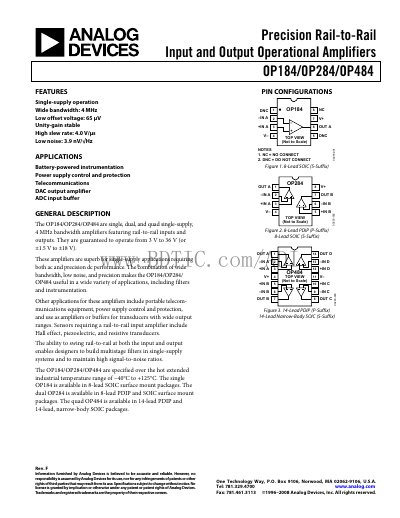 Analog Devices OP184/OP284/OP484 Operational Amplifier Datasheet - cover page