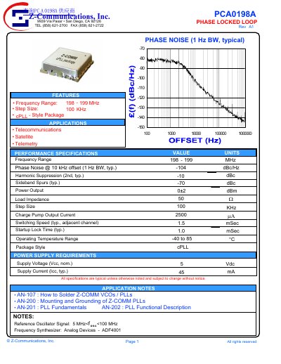 Z-Communications PCA0198A Phase Locked Loop Datasheet - cover page